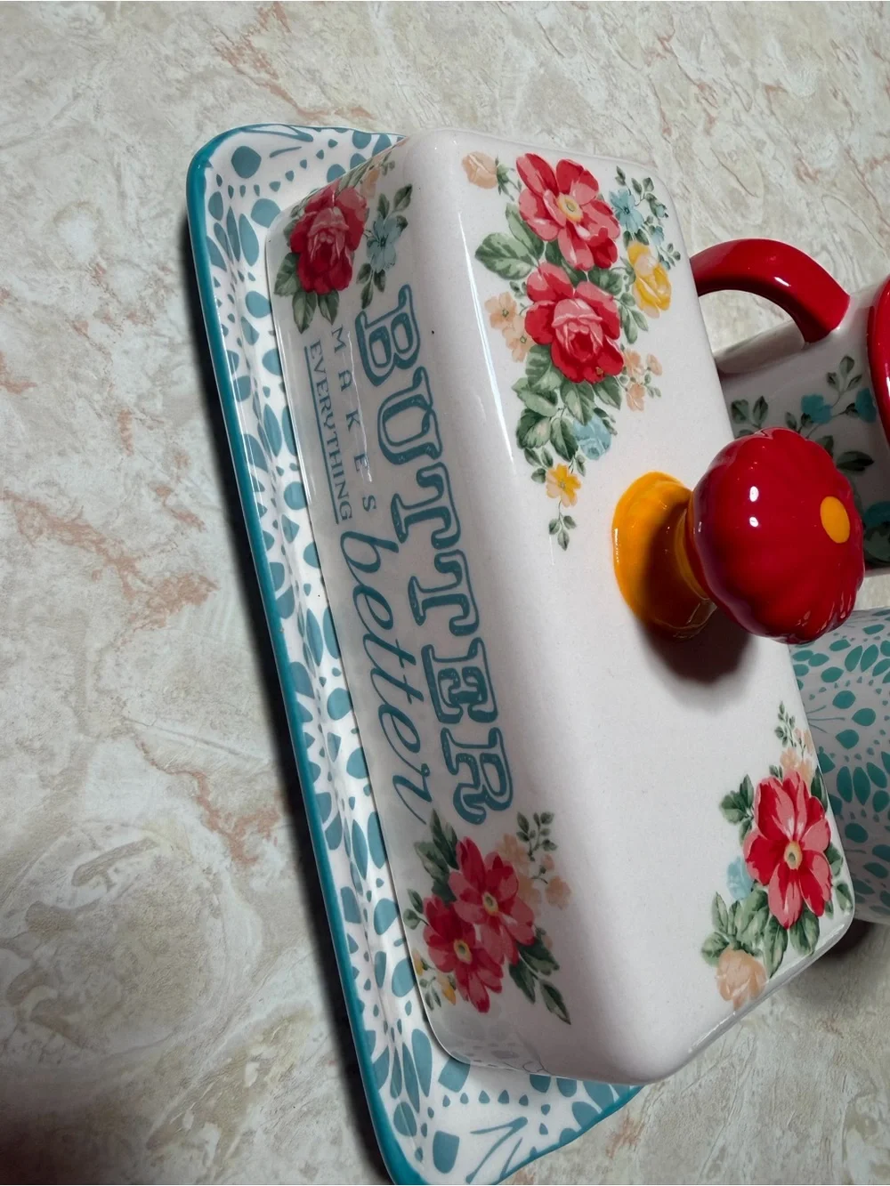 PIONEER Floral Ceramic Butter Dish Set with Red and Teal Shaker Tops